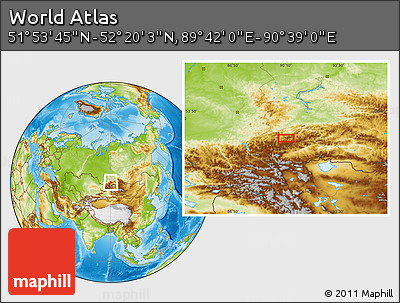 Physical Location Map of the Area around 52° 6' 54" N, 90° 10' 30" E
