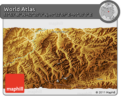 Physical 3D Map of the Area around 52° 6' 54" N, 91° 1' 30" E