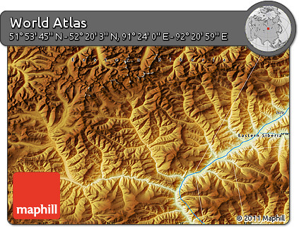 Physical Map of the Area around 52° 6' 54" N, 91° 52' 30" E
