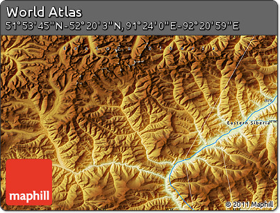 Physical Map of the Area around 52° 6' 54" N, 91° 52' 30" E