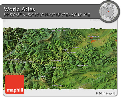 Satellite 3D Map of the Area around 52° 6' 54" N, 92° 43' 29" E