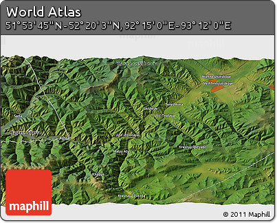 Satellite 3D Map of the Area around 52° 6' 54" N, 92° 43' 29" E
