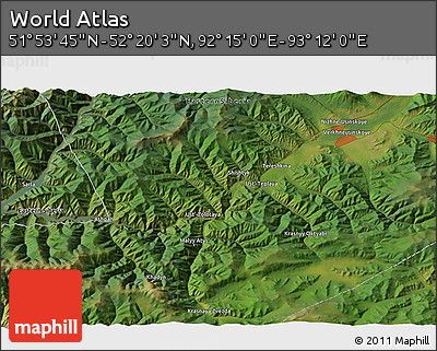 Satellite 3D Map of the Area around 52° 6' 54" N, 92° 43' 29" E
