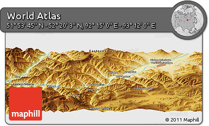 Physical Panoramic Map of the Area around 52° 6' 54" N, 92° 43' 29" E