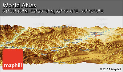 Physical Panoramic Map of the Area around 52° 6' 54" N, 92° 43' 29" E