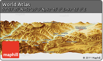 Physical Panoramic Map of the Area around 52° 6' 54" N, 92° 43' 29" E