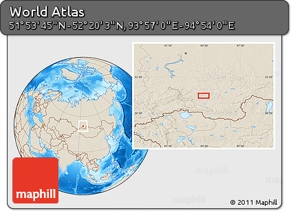 Shaded Relief Location Map of the Area around 52° 6' 54" N, 94° 25' 30" E