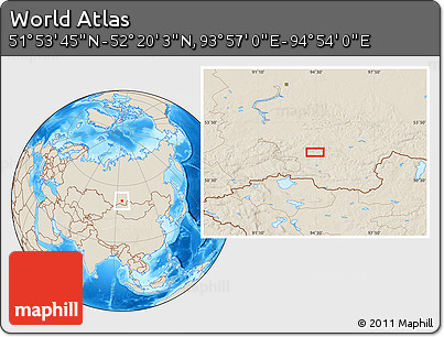 Shaded Relief Location Map of the Area around 52° 6' 54" N, 94° 25' 30" E