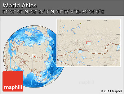Shaded Relief Location Map of the Area around 52° 6' 54" N, 94° 25' 30" E