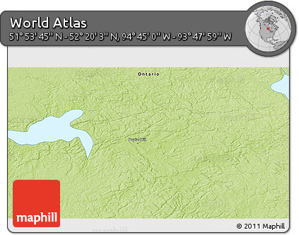 Physical 3D Map of the Area around 52° 6' 54" N, 94° 16' 30" W