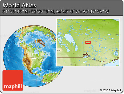 Physical Location Map of the Area around 52° 6' 54" N, 94° 16' 30" W