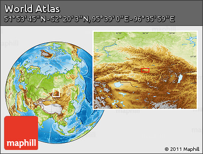Physical Location Map of the Area around 52° 6' 54" N, 96° 7' 30" E