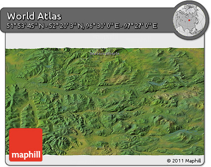 Satellite 3D Map of the Area around 52° 6' 54" N, 96° 58' 29" E