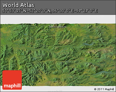Satellite 3D Map of the Area around 52° 6' 54" N, 96° 58' 29" E