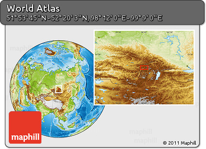 Physical Location Map of the Area around 52° 6' 54" N, 98° 40' 30" E
