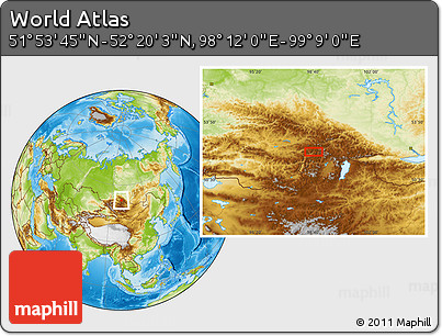 Physical Location Map of the Area around 52° 6' 54" N, 98° 40' 30" E