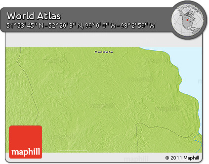 Physical 3D Map of the Area around 52° 6' 54" N, 98° 31' 30" W