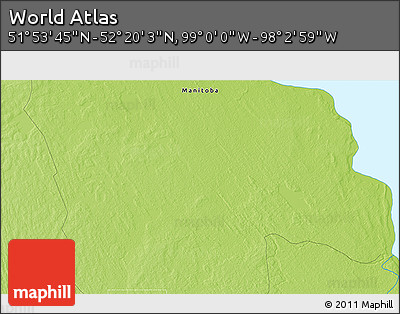 Physical 3D Map of the Area around 52° 6' 54" N, 98° 31' 30" W