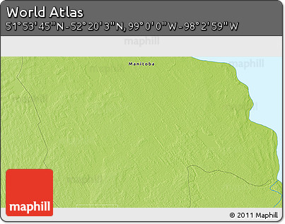 Physical 3D Map of the Area around 52° 6' 54" N, 98° 31' 30" W