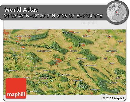 Satellite 3D Map of the Area around 52° 6' 54" N, 9° 25' 30" E