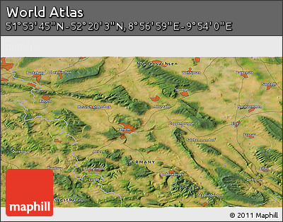 Satellite 3D Map of the Area around 52° 6' 54" N, 9° 25' 30" E