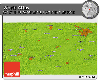 Physical 3D Map of the Area around 52° 30' 23" N, 0° 55' 29" E
