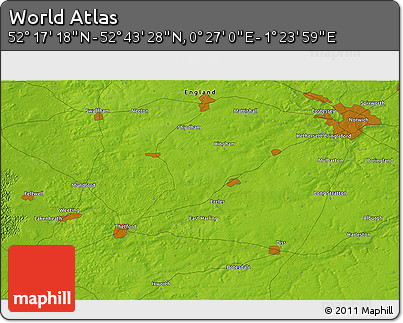 Physical 3D Map of the Area around 52° 30' 23" N, 0° 55' 29" E