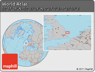 Gray Location Map of the Area around 52° 30' 23" N, 0° 55' 29" E