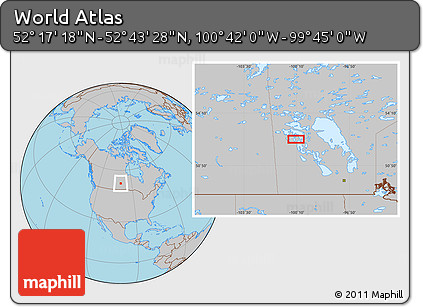 Gray Location Map of the Area around 52° 30' 23" N, 100° 13' 29" W