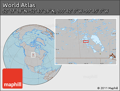 Gray Location Map of the Area around 52° 30' 23" N, 100° 13' 29" W, hill shading