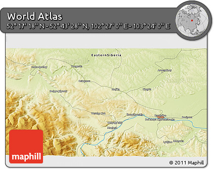 Physical 3D Map of the Area around 52° 30' 23" N, 102° 55' 30" E