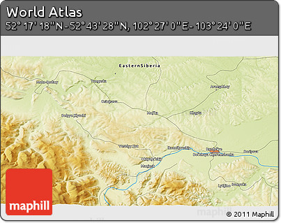 Physical 3D Map of the Area around 52° 30' 23" N, 102° 55' 30" E