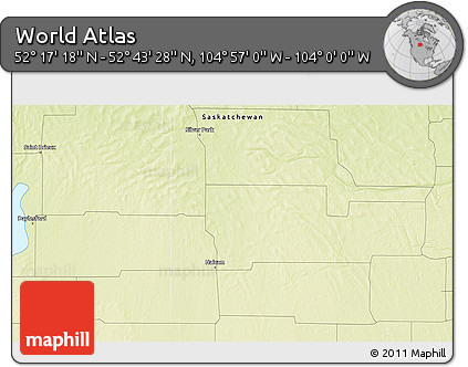 Physical 3D Map of the Area around 52° 30' 23" N, 104° 28' 29" W