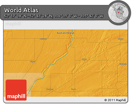 Political 3D Map of the Area around 52° 30' 23" N, 106° 10' 30" W
