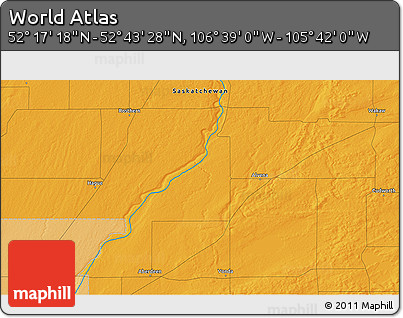 Political 3D Map of the Area around 52° 30' 23" N, 106° 10' 30" W