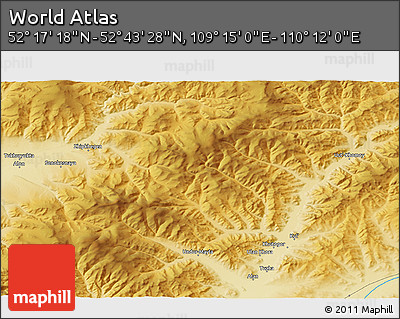 Physical 3D Map of the Area around 52° 30' 23" N, 109° 43' 29" E