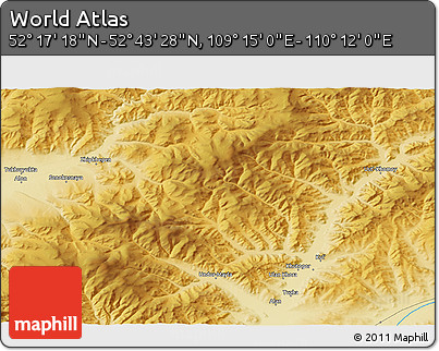 Physical 3D Map of the Area around 52° 30' 23" N, 109° 43' 29" E