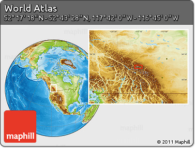 Physical Location Map of the Area around 52° 30' 23" N, 117° 13' 29" W