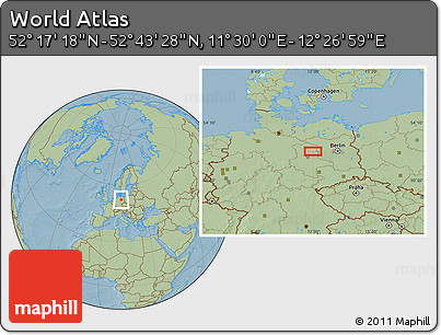 Savanna Style Location Map of the Area around 52° 30' 23" N, 11° 58' 29" E, hill shading