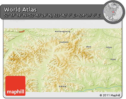 Physical 3D Map of the Area around 52° 30' 23" N, 124° 10' 30" E