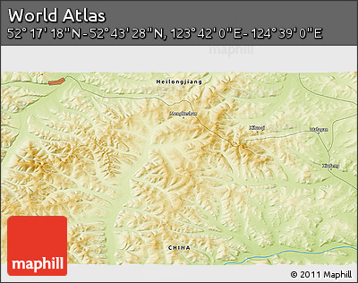 Physical 3D Map of the Area around 52° 30' 23" N, 124° 10' 30" E