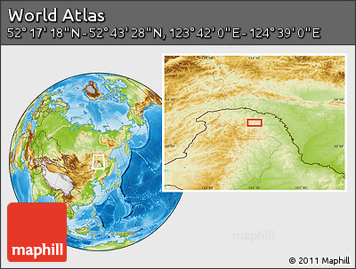 Physical Location Map of the Area around 52° 30' 23" N, 124° 10' 30" E