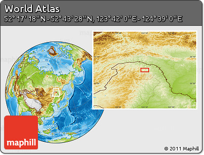 Physical Location Map of the Area around 52° 30' 23" N, 124° 10' 30" E
