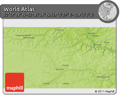 Physical 3D Map of the Area around 52° 30' 23" N, 127° 34' 30" E