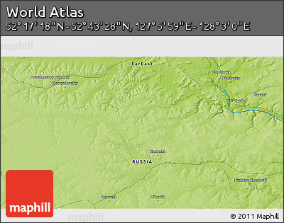Physical 3D Map of the Area around 52° 30' 23" N, 127° 34' 30" E
