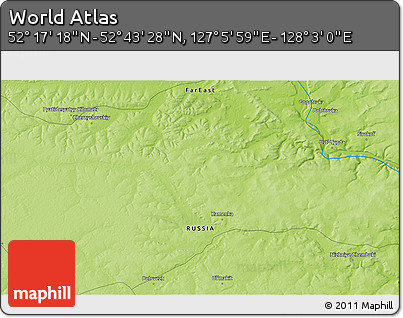 Physical 3D Map of the Area around 52° 30' 23" N, 127° 34' 30" E