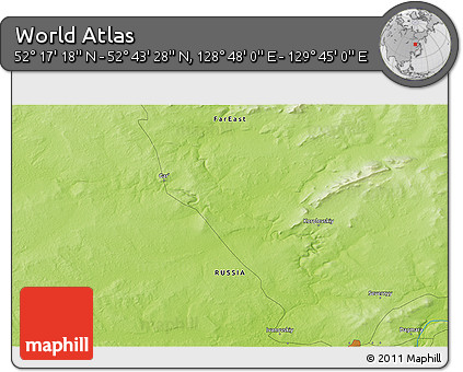 Physical 3D Map of the Area around 52° 30' 23" N, 129° 16' 30" E