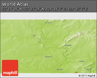 Physical 3D Map of the Area around 52° 30' 23" N, 129° 16' 30" E