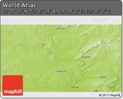 Physical 3D Map of the Area around 52° 30' 23" N, 129° 16' 30" E