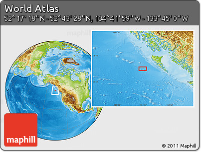 Physical Location Map of the Area around 52° 30' 23" N, 134° 13' 29" W